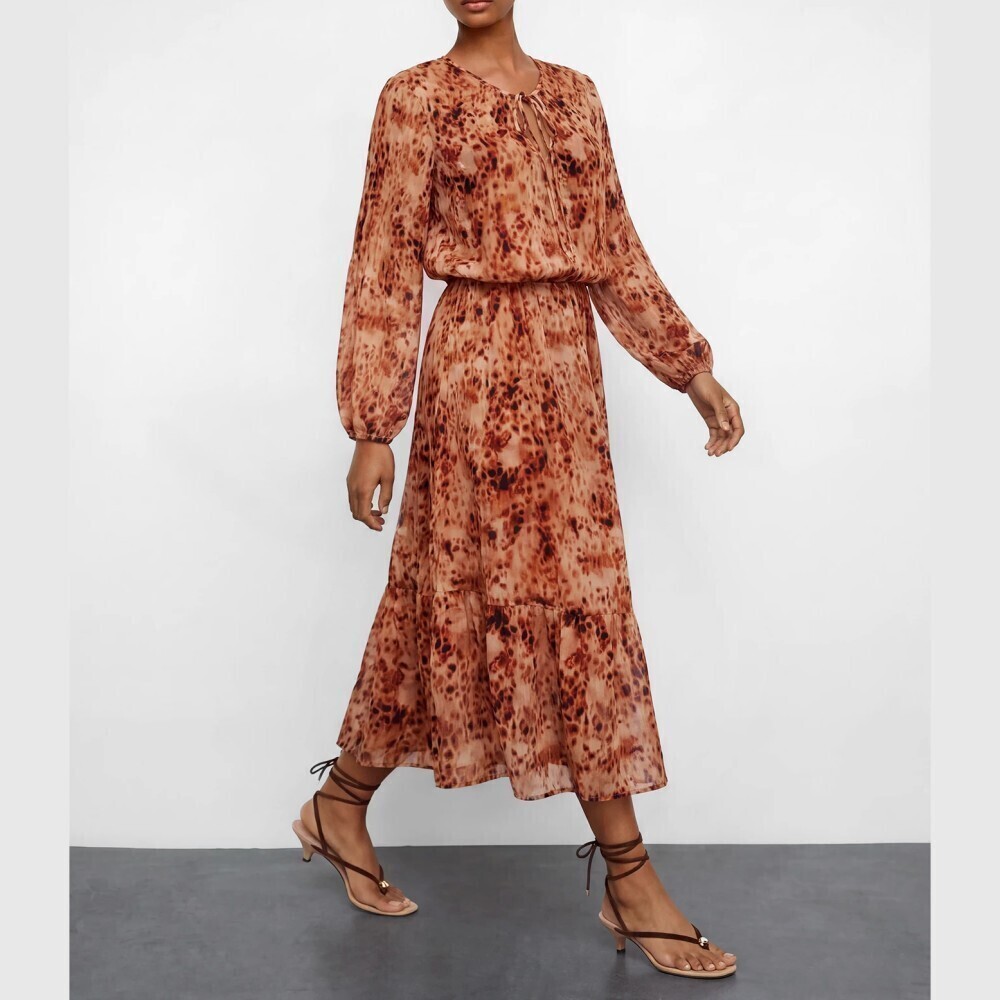 Rust Orange / Tan Animal Print Tie Neck Long Sleeve Tiered Maxi Dress